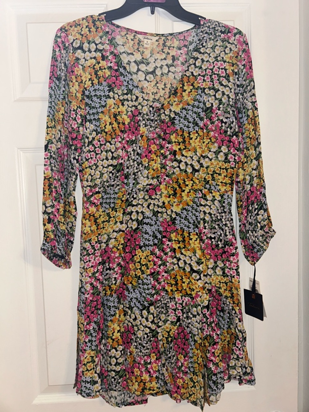 Takara Floral V-Neck Tunic Dress - Pink, Yellow & Black